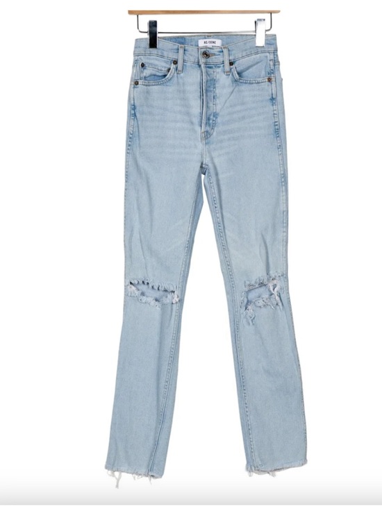 Re/Done Denim - RE/DONE 80s Slim Straight Jeans Light Wash Distressed Knee Mid Rise Size 26